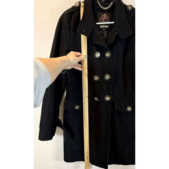 Vintage COOGI Black Wool Blend Mid Length Gold Button Pea Coat Women's Medium - Picture 10 of 13